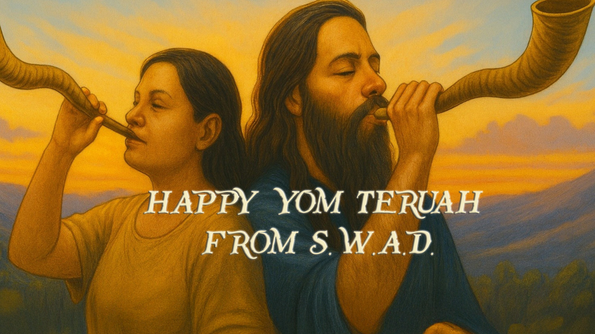 A Man and a woman in a field blowing a shofar